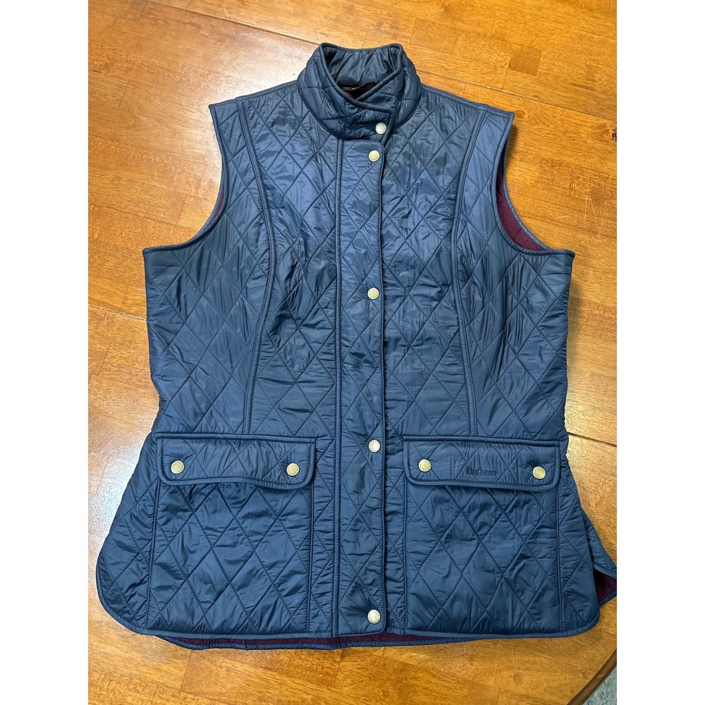 Barbour Quilted Vest Women 14 Navy Blue Fleece Lined Snap Zip Gilet Pocket